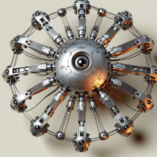 Top-down view of a floating mechanical robot with a circular body. Thin, robotic arms extend outward, metallic and glowing. The head is small with glowing eyes. Strictly top-down view, no perspective or angle. Clean and detailed for 2D gameplay.
Single Game Texture. In-Game asset. Top-down view. No shadows. 2D style. High contrast. Blank background.