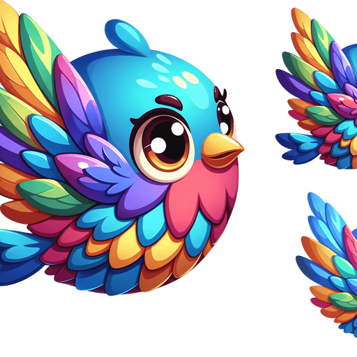 Design a cartoon-style bird flying sideways with big eyes and colorful feathers. The bird should look friendly, cute, and match a fun sky-themed game..
Single Game Texture.  In-Game asset.  2d.  Blank background.  High contrast.  No shadows