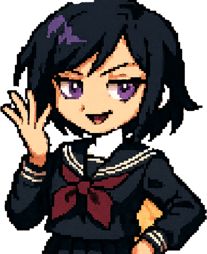 A charming anime-style girl rendered in delightful Pixel Art, featuring an emo aesthetic, striking purple eyes, and a classic Japanese school uniform (sailor fuku).

She confidently strikes the iconic “Ojou-sama pose”:
Her left hand is elegantly lifted near her face, fingers gracefully splayed like a fan, perfectly framing her smug expression.

Her face bears a tilted, self-assured smile, the kind that practically echoes a soft, aristocratic “Ohoho~” laugh. One eyebrow arches subtly, radiating playful confidence and a touch of superiority.

Her right hand rests casually near her waist, loosely clenched into a relaxed fist — an anchor for her graceful yet dominant posture.

Behind her stretches the polished hallway of a Japanese school, complete with sliding doors and sunlit windows, completing the scene with a nostalgic, everyday charm — all captured in the cozy, detailed charm of Pixel Art.