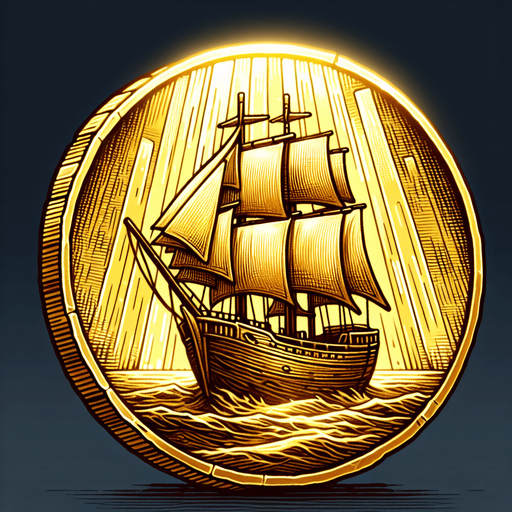 a single shining yellowish golden coin with the boat  on it.
Single Game Texture.  In-Game asset.  2d.  Blank background.  High contrast.  No shadows