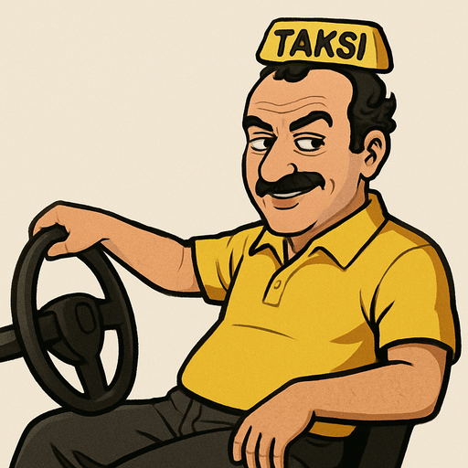 akasya durağından Sinan taxi sürüyor. image of a driver Sinan, depicted in a 3/4 view. The driver should be leaning back casually and look right, , with one hand on the wheel as if driving. Single Game Texture. In-Game asset. 2d. Blank background. High contrast. No shadows. It should look like sinan in akasya duragı and looks mischef.
In-Game asset.  2d.  High contrast.  No shadows