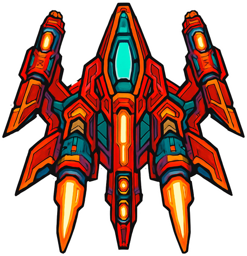 Make it a ship for a space shooting game with intense designing.
In-Game asset.  2d.  High contrast.  No shadows