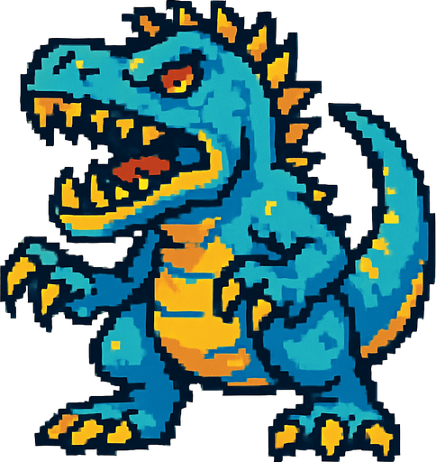90'lardaki retro oyun dinazoru. vahşi olsun. mavi ile sarı karışımı bir renk olsun
In-Game asset.  2d.  High contrast.  No shadows
