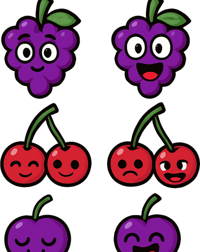 Grapes and Cherry sprites with eye and mouth animation.
In-Game asset.  2d.  High contrast.  No shadows