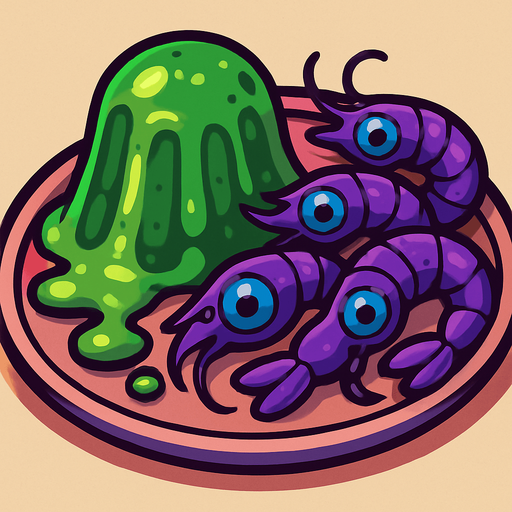 Alien food: Some green, oozing jelly and some purple shrimp with blue Human eyes all on a plate
In-Game asset.  2d.  High contrast.  No shadows.