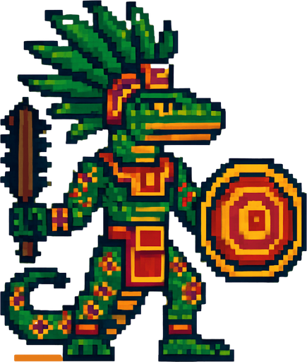 Generame un guerrero azteca con patrones, estilo pixelar, ademas sera un Serpiente sabanera humanoide.
In-Game asset.  2d.  High contrast.  No shadows