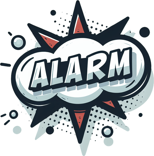 "ALARM" text bubble, comic style.
Single Game Texture. In-Game asset. 2d. Blank background. High contrast. No shadows.