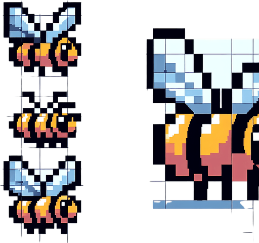 pixel bee faceing left.
Single Game Texture.  In-Game asset.  2d.  Blank background.  High contrast.  No shadows