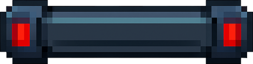 A horizontal paddle for a 2D breakout arcade game, styled like a laser weapon but without active lasers.
Color: dark metallic blue with red glowing accents on each side, similar to a powered-down version of a laser cannon.
Keep the same shape and style as a laser paddle but make it look inactive.
Top-down view, centered, transparent background.
Resolution: 128x32 px.