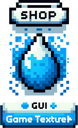 Water themed gui icon that has the text "Shop" on it. 8-bit art style..
Single Game Texture. In-Game asset. 2d. Blank background. High contrast. No shadows.
