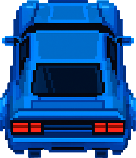 carro azul deportivo con la perspectiva hacia arriba.
In-Game asset.  2d.  High contrast.  No shadows hecho con pixeles acelerando con perspectiva trasera sin el rastro