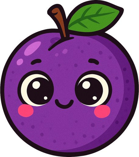 Ciruela Fruta con ojos lindos.
In-Game asset.  2d.  High contrast.  No shadows. Cartoon.