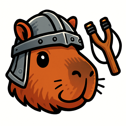 Una cabeza de un capibara en estilo cartoon. Debe tener un casco medieval. A su lado debe esatr un resortera. Quita el fondo..
In-Game asset.  2d.  High contrast.  No shadows