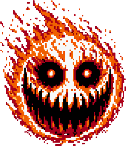Burning ball shaped creepy grinning devil.
Single Game Texture. In-Game asset. 2d. Blank background. High contrast. No shadows. 8 bit