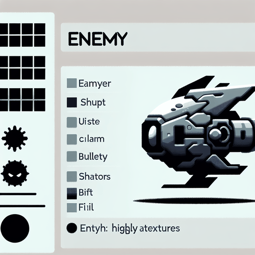 A space shooter enemy that shoots bullets.
Single Game Texture. In-Game asset. 2d. Blank background. High contrast. No shadows.