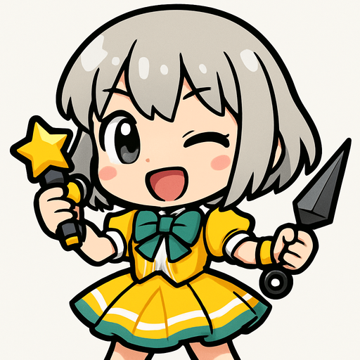 Esta chica tiene un diseño de estilo chibi anime, lo que le da un aspecto adorable y expresivo. Aquí va una descripción detallada:

🔸 Apariencia general:
Es una niña pequeña de proporciones caricaturescas, con cabeza grande y cuerpo diminuto, típica del estilo chibi.

🔸 Cabello:
Cabello platinado o gris, corto, llega hasta sus hombros. Flequillo recto.

🔸 Ropa:
Viste un traje colorido similar al de una idol japonesa:

Vestido amarillo y blanco con detalles verdes

Moño verde en el pecho

Falda con vuelo, adornada con líneas blancas y amarillas

🔸 Accesorios:

Lleva un micrófono con forma de estrella en una mano, lo que sugiere que es una cantante o idol.

En la otra mano, sostiene kunak, lo cual le da un toque de una ninja alegre
🔸 Expresión:
Tiene una expresión alegre, decidida y enérgica, como si estuviera lista para una canción. Un ojo cerrado y la boca abierta de felicidad, simulando que canta feliz para sus fans.
In-Game asset.  2d.  High contrast.  No shadows