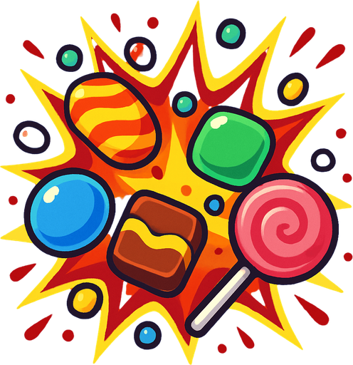 candy explosion.
In-Game asset.  2d.  High contrast.  No shadows