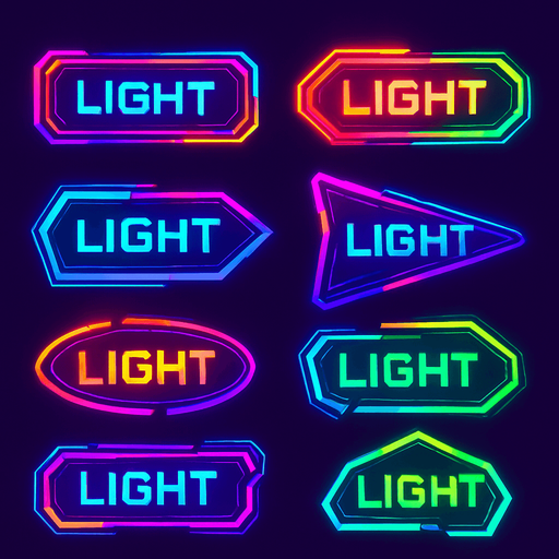 Buttons random shapes & have text 'Light'. HD colors. Cyberpunk. Abstract. Different colors.
In-Game asset.  2d.  High contrast.  No shadows