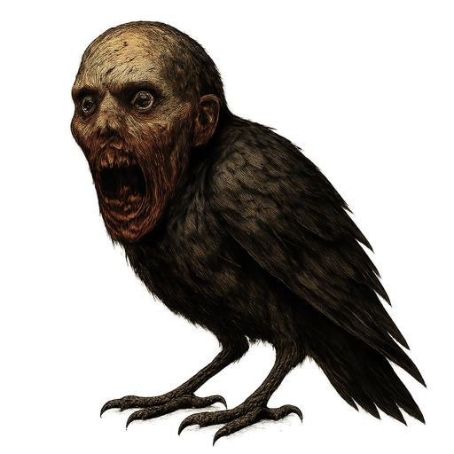 a bird with a human face but make it horrifying and real.
In-Game asset.  2d.  High contrast.  No shadows