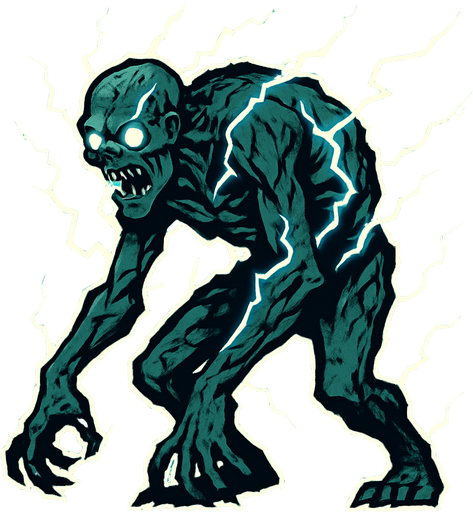 yıldırımlarla kaplı bir canavar istiyorum hafif kambur duruşlu biraz zombi gibi.
In-Game asset.  2d.  High contrast.  No shadows