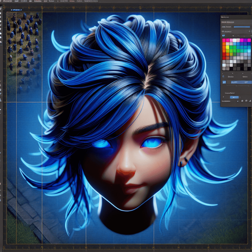 Une tête vue dessus avec des cheveux bleus.
video game