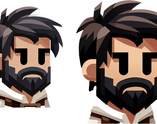 мультяшный парень с темными волосами бородой и светлыми прядями.
Single Game Texture. In-Game asset. 2d. Blank background. High contrast. No shadows.