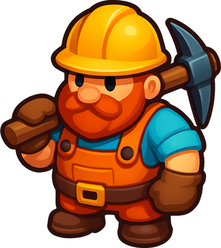 Crea un personaje "Trabajador" para un juego de Tower Defense, en un estilo 2D renderizado, limpio y cartoonish. El trabajador debe tener contornos claros y definidos, colores vibrantes con transiciones suaves, y sombreado que dé volumen.

El diseño debe ser el de un personaje compacto y robusto, diseñado para ser fácilmente reconocible desde una vista cenital/ligeramente aérea, pero con suficiente detalle para mostrar su progresión. Debe evocar la idea de construcción, minería o recolección de recursos..
In-Game asset.  2d.  High contrast.  No shadows