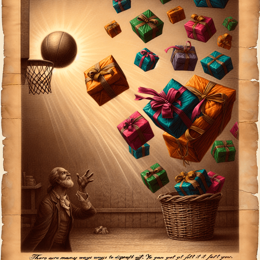 a pergament with a present throwed by someone into a basket at top, at the bottom there is the text: "There are many ways of how can throw a present. Let it just fall or throw it like a basketball."