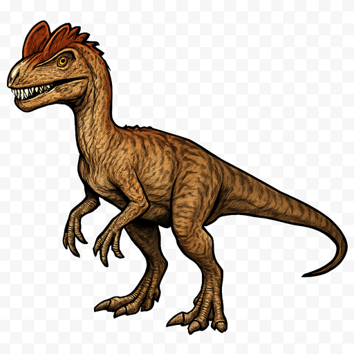 A medium-sized Dilophosaurus dinosaur in a standing pose on a transparent background. It has a slender body with light brown and tan scales, featuring distinctive paired crests on top of its head colored in reddish hues. The head is elongated with sharp teeth visible in a slightly open mouth. Its limbs are muscular with sharp claws, and the tail is long and straight. The skin texture shows a mix of small scales and patches of rougher skin, giving a realistic predatory look..
In-Game asset.  2d.  High contrast.  No shadows