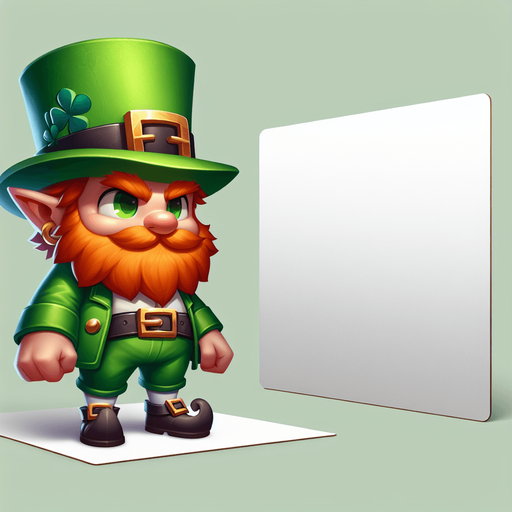 Leprechaun on a white papercard with rounded corners, front view..
Single Game Texture.  In-Game asset.  2d.  Blank background.  High contrast.  No shadows