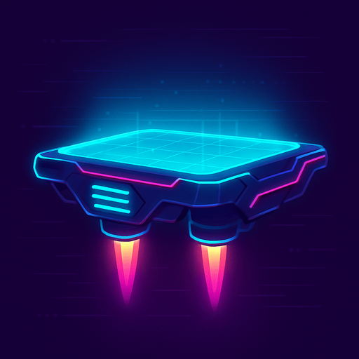 Neon cyberpunk futuristic glowing side-view 2d platformer style platform flat top hologram projection hovering hover platform antigravity jet thrusters