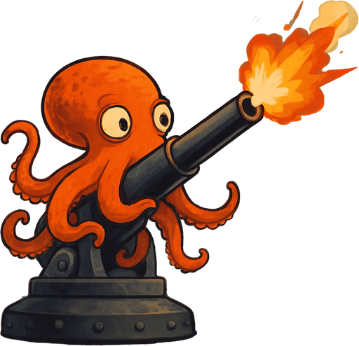 un pulpo naranja frenetico disparandole a buques de guerras encima de un cañon negro.
que se vea el fondo del cielo y el mar pero que no este enojado sino calmado