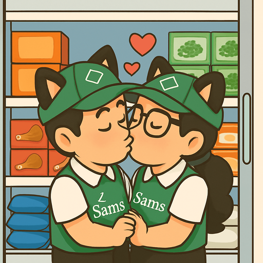 Has que estos dos personajes se esten besando en un congelador de sams club, escondidos entre los productos. agrega corazoncitos y evita el tono sepia, debe ser alegre