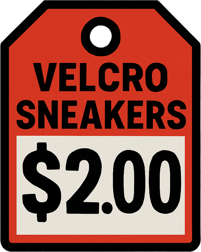 Price tag that says Velcro sneakers $2.00.
In-Game asset.  2d.  High contrast.  No shadows