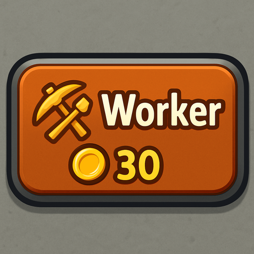 Crea un botón interactivo UI estilo 2D renderizado, limpio y cartoonish. Debe tener contornos definidos, colores vibrantes y sombreado que dé volumen. Será un rectángulo con esquinas ligeramente redondeadas, coherente con el botón de Torre. El fondo del botón será sólido y neutro (metal/piedra sutil), similar al botón de Torre para mantener coherencia UI.

El botón debe contener:

Texto Principal: La palabra "Worker" (Trabajador) claramente visible en la parte superior central.

Icono Secundario (Opcional): Un símbolo estilizado que represente el trabajo o recolección (ej. un pico y una pala cruzados, o un casco de minero), ubicado a la izquierda del texto "Worker" (o a la derecha, si el diseño lo favorece).

Precio: El texto "30 Oro" (o símbolo de oro y "30") claramente visible en la parte inferior central (o en una esquina inferior). Este precio debe ser una parte integral del diseño del botón (mismo asset).

Los colores de texto/icono deben contrastar claramente con el fondo (ej. bl.
In-Game asset.  2d.  High contrast.  No shadows