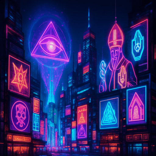 cyberpunk neon anime metropolis skyline corporate holograms billboards, occult-capitalism-consumerism imagery nighttime futuristic architecture glow