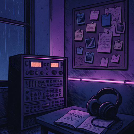 A 2048x2732 vertical background illustration in a semi-realistic comic book style. The scene shows a quiet corner of the same small urban apartment, viewed from a different angle than the main menu. This part of the room features a vintage sound mixing rack, ambient LED lights softly glowing in purple and blue tones, and a corkboard on the wall filled with pinned notes, small polaroid photos, and scribbled music ideas. An open sketchbook with waveform doodles lies on a side table, and worn-out headphones rest beside it. A faint rain still falls outside the partially visible window, casting reflections on the floor. The overall mood remains lo-fi, introspective, and musically charged. No characters, no text — just a lived-in, creative space for the settings menu backdrop..
In-Game asset.  2d.  High contrast.  No shadows