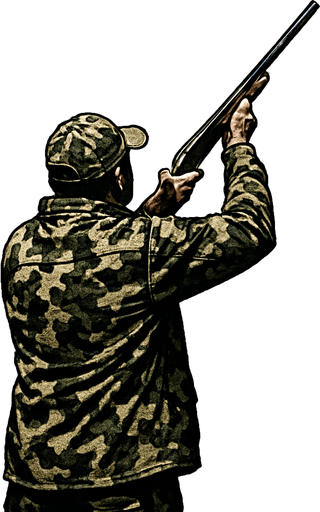 kamuflaj giymiş avcı ayakta yukarıya ateş ediyor .gerçek fotoğraf..
In-Game asset.  2d.  High contrast.  No shadows sırtı bize dönük olsun