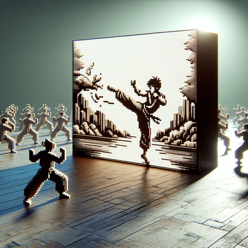 martial arts background fight scene.
Single Game Texture. In-Game asset. 2d. Blank background. High contrast. No shadows, detailed pixel art style