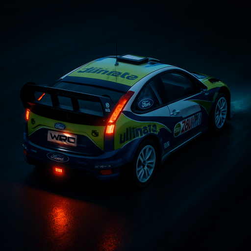 Photorealistic Ford Focus RS WRC 2008 Rallycar in nightlight, drone topview from back and 45 degrees angle in top right corner