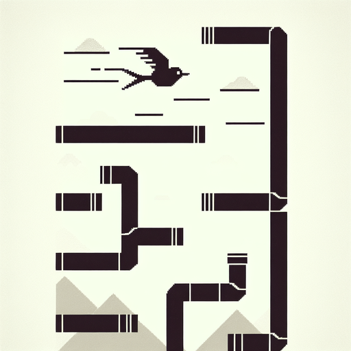 A bird is flying through pipes.
Single Game Texture. In-Game asset. 2d. Blank background. High contrast. No shadows.