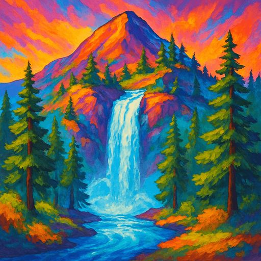 There is a mountain, a waterfall down the mountain and trees on the mountain.with ultra vibrant colors and fill all of the texture

. background