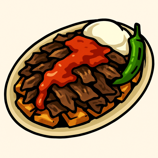 İskender kebap.
In-Game asset.  2d.  High contrast.  No shadows