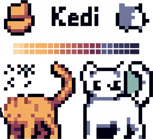 Kedi pixel art.
Single Game Texture.  In-Game asset.  2d.  Blank background.  High contrast.  No shadows