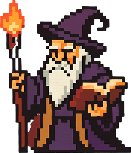 pixel art old wizard boss.
In-Game asset.  2d.  High contrast.  No shadows