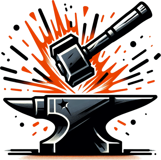 A stylized hammer striking an anvil, creating fiery sparks or engulfing the hammer head in flames..
Single Game Texture.  In-Game asset.  2d.  Blank background.  High contrast.  No shadows