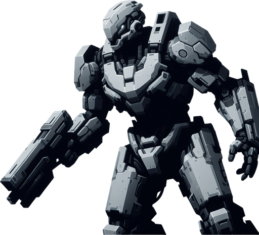 a gray transformer with a gun as one of his hands.
Single Game Texture.  In-Game asset.  2d.  Blank background.  High contrast.  No shadows