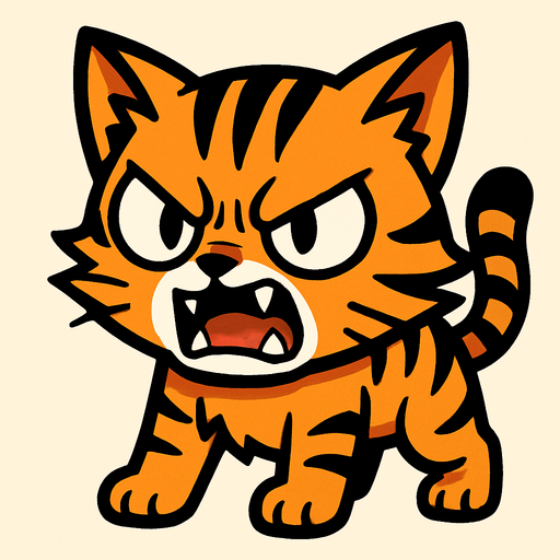 An angry but cute wild cat manga cartoon style.
In-Game asset.  2d.  High contrast.  No shadows