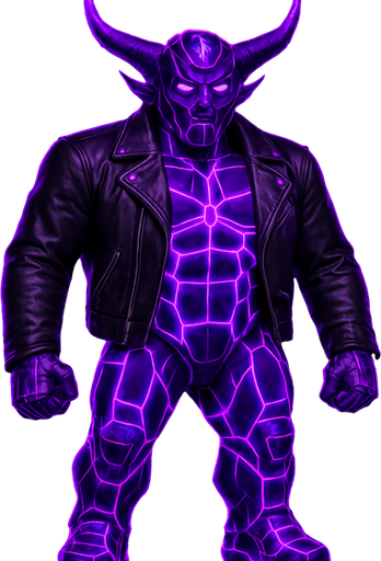 Black leather biker jacket longsleeves bare segmented neon cyberpunk pecs abs muscles robot monster hunk Neon cyberpunk 3d hologram corporate occult demon android mecha robot sentinel guard soldier machine monster fully in frame no part cut off no background anime futuristic Background removed, "Full-body character, entirely in frame, no cropping of face, head, or feet" "Complete character visible, from head to toe, fully centered in the image" "Entire character, including face and boots, fully within the frame" Character fully contained within a square frame, no edges cut off  horns through boots