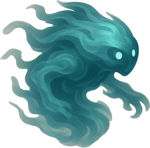 A single, isolated, highly detailed top-down isometric game asset of a Restless Spirit. It is an ethereal, translucent spectral figure, vaguely humanoid or beast-like, composed of swirling mist and faint light. Its form should be clearly defined but ghostly, with wispy edges. It can have two small, unblinking, glowing eyes or empty dark hollows for eyes (static). The spirit's body and implied 'head' should be clearly oriented towards the right side of the image, conveying its forward gliding motion. Style: Stylized, ghostly fantasy, semi-transparent, suitable for a Tower Defense game. Transparent background..
In-Game asset.  2d.  High contrast.  No shadows
